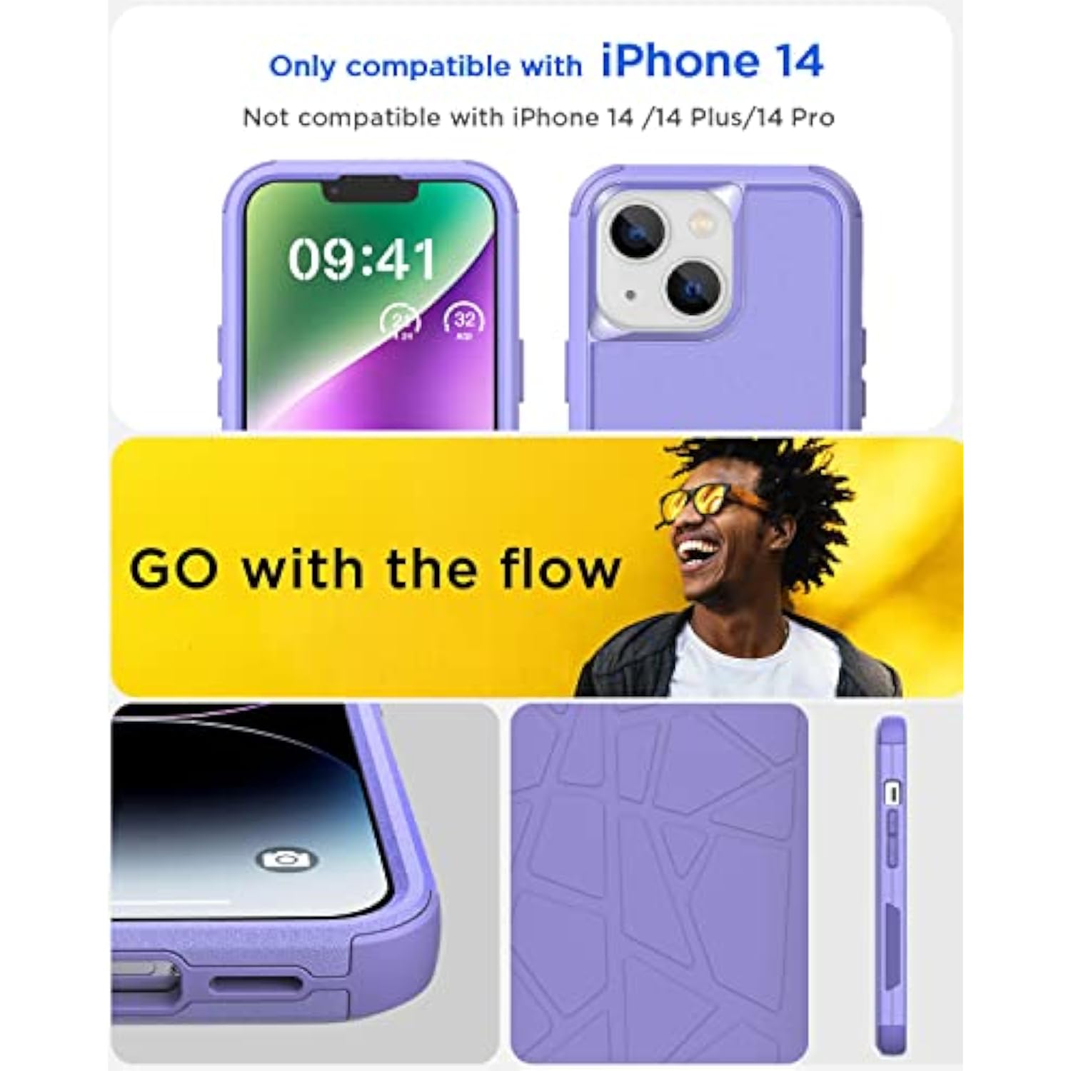 Iphone 14 (6.1") Heavy Duty 3-Layer Rugged Case - Military Grade Shockproof, Slim Fit, Anti-Slip, Purple