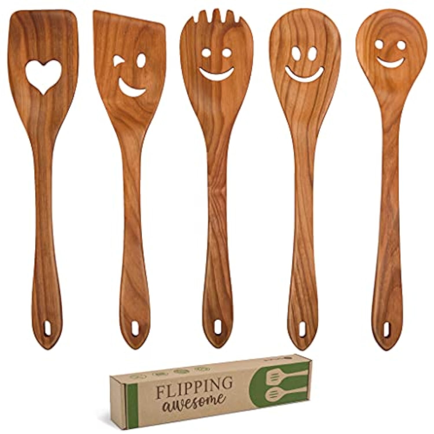MFC 5-Piece Wooden Cooking Spoons - Kitchen Spatula Set from Natural Cherry Wood - Wooden Spoons for Cooking - Funny Utensil Set with Smiley Faces - Cooking Multipurpose Wood Utensils