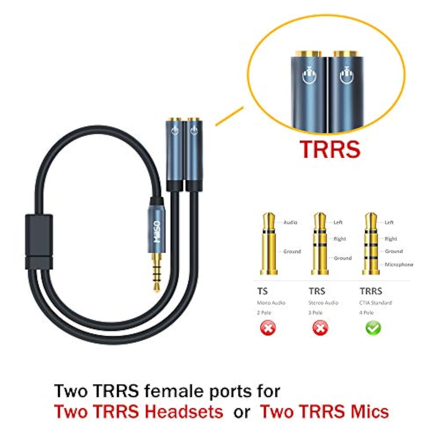3.5Mm Trrs Stereo Splitter, 4-Pole, Male To Dual Female, 3Ft, 3.5Mm Jack Adapter, Compatible With Headsets, Microphones, Laptop, Smartphone, Xbox