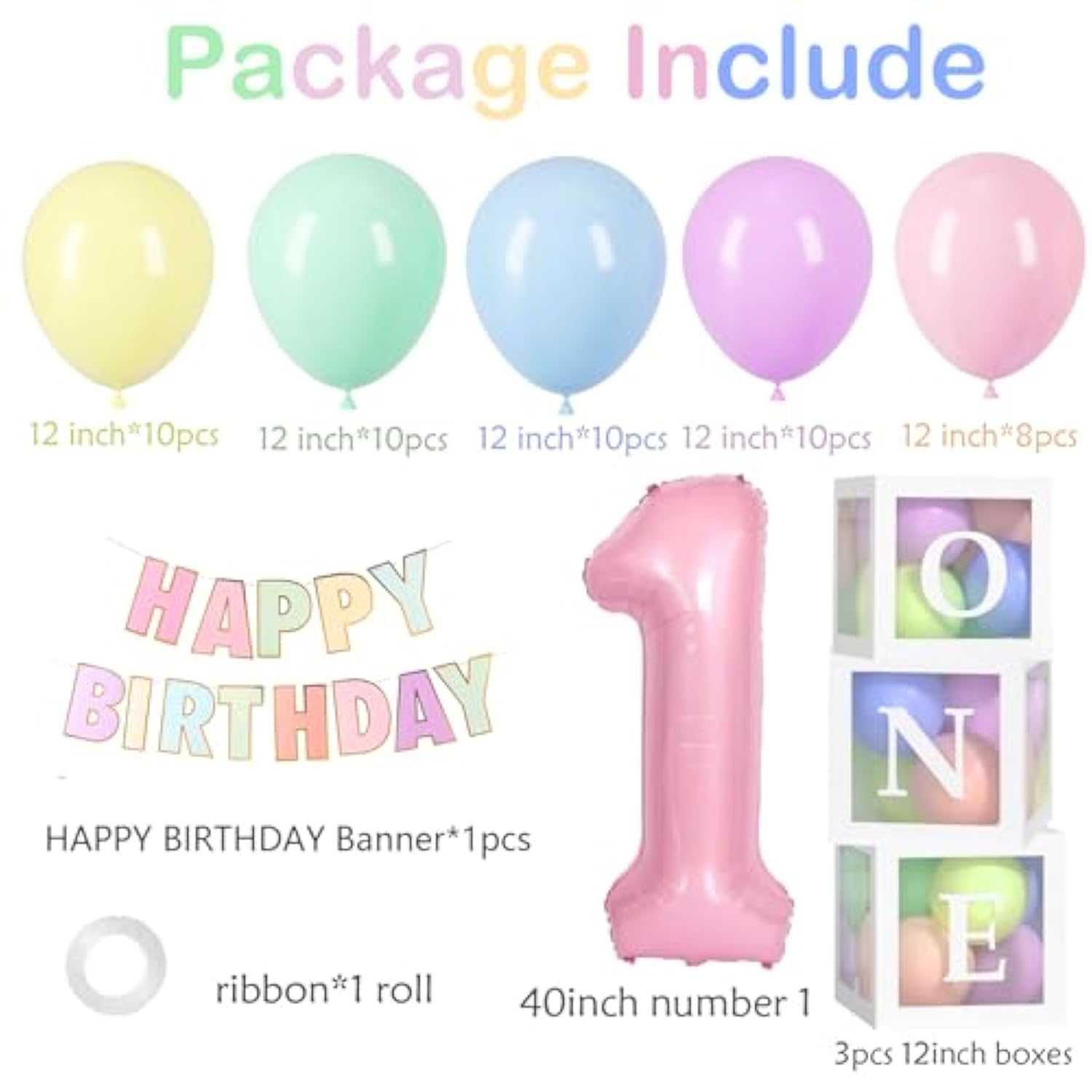 Girl First Birthday Decor with 40" Pink Number 1, Pastel Banner and Balloon Boxes