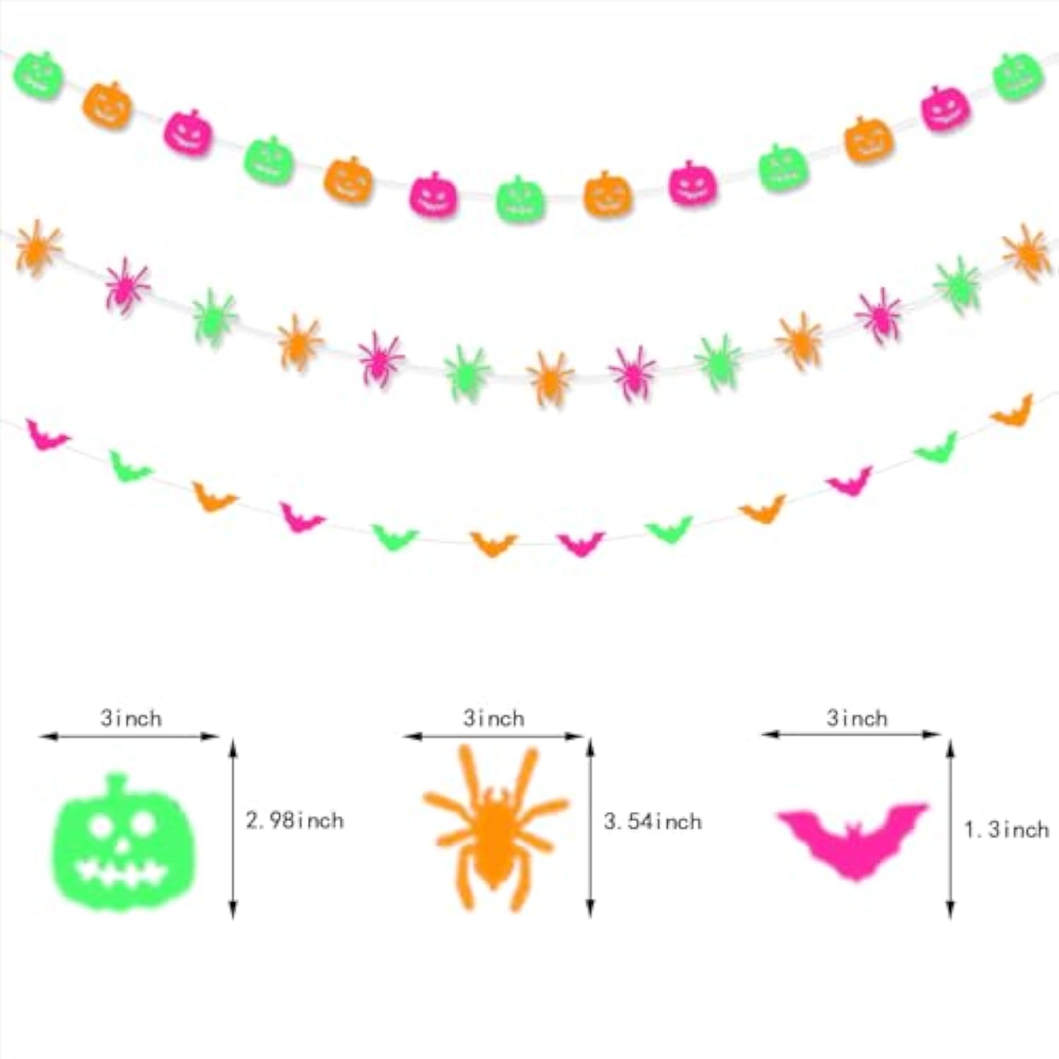 3PCS Halloween Neon Banner Glow in Dark Pumpkin Bats Spiders Hanging Garland