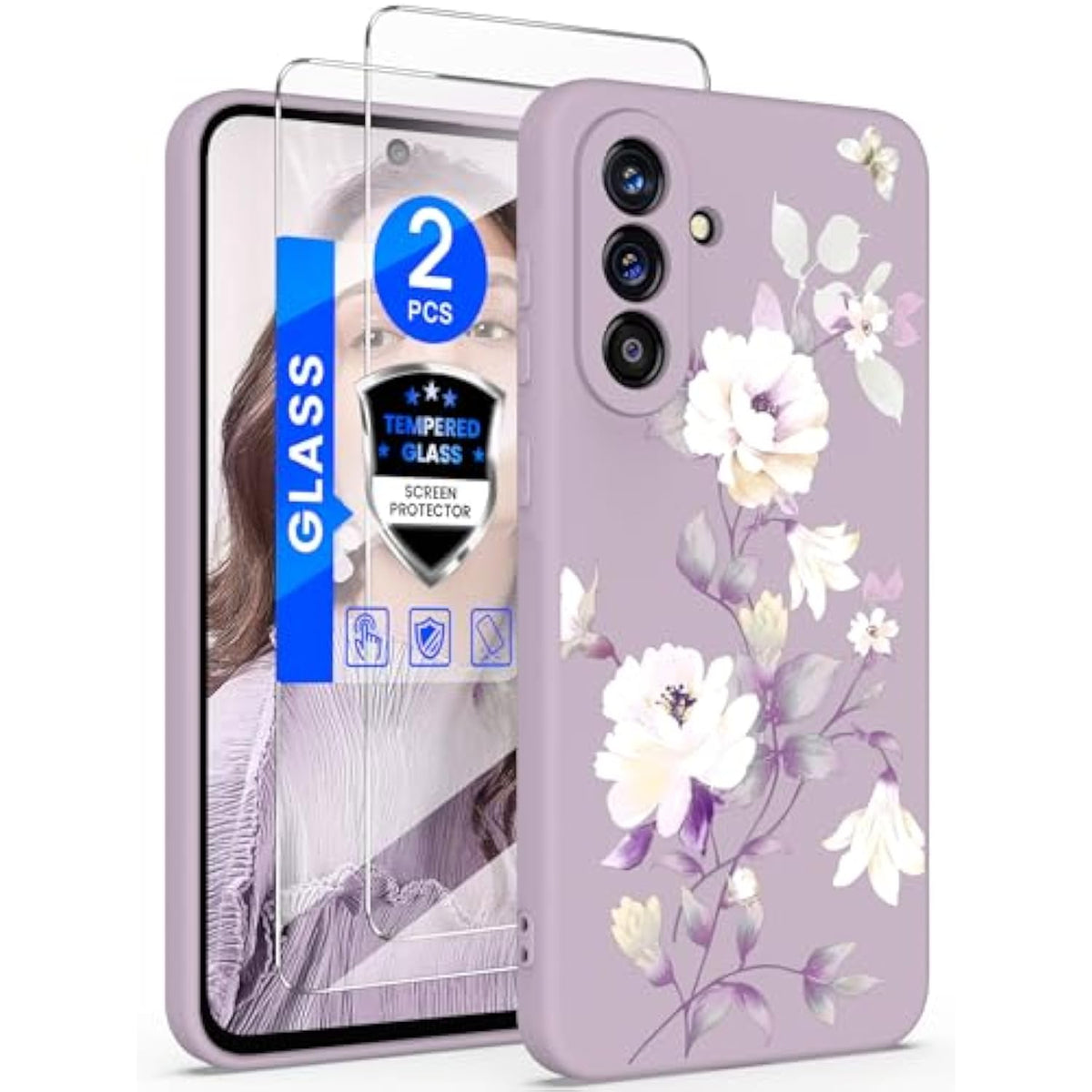 For Samsung Galaxy A36 5G Case With 2X Screen Protector, Girls Women Florals Liquid Silicone Phone Case, Shockproof Anti-Scratch Soft Protection Case For Galaxy A36 5G (Purple, A36)