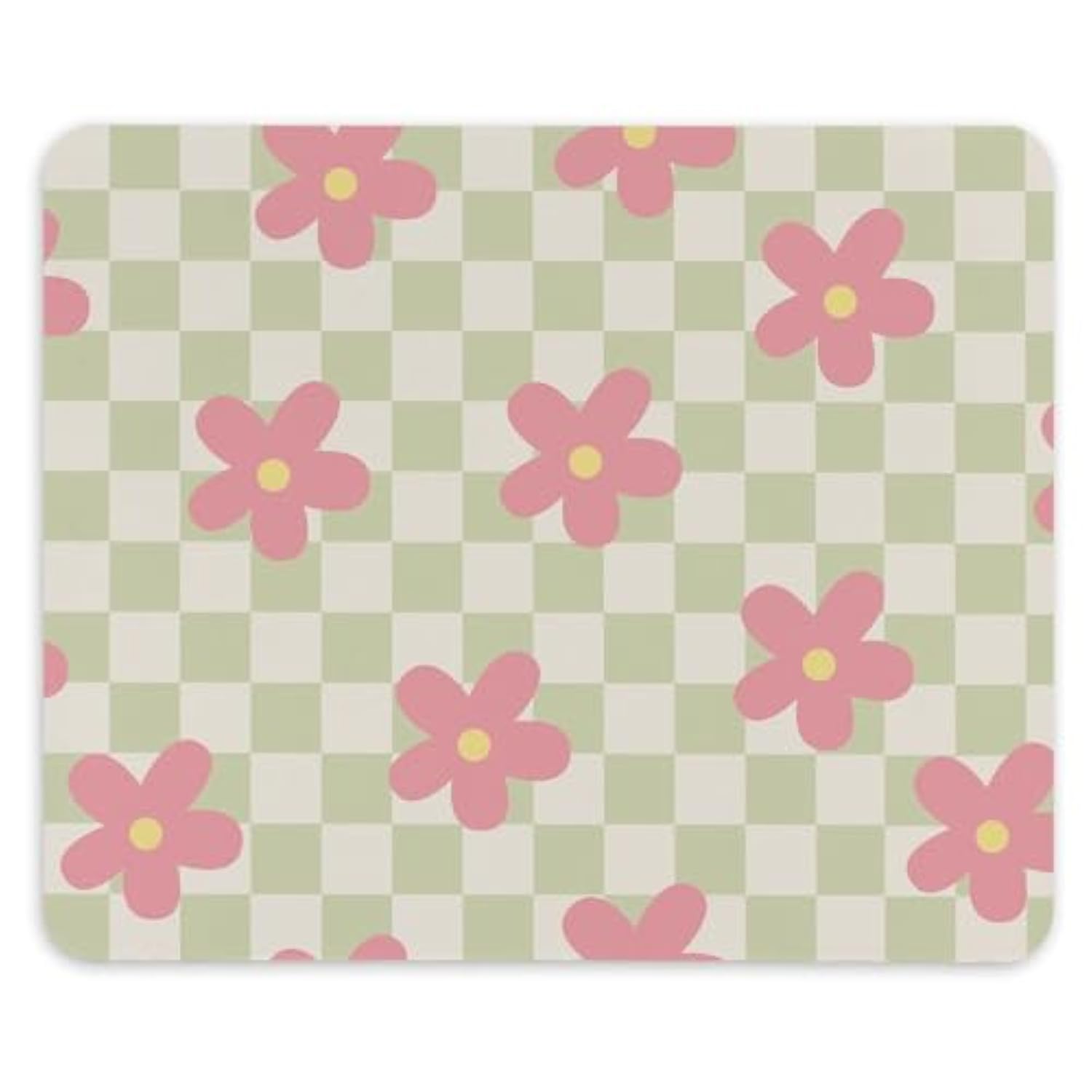 Checkered Flowel Green Mouse Pad 9.4 X 7.9 Inch, Retro Groovy Flowers Square Non-Slip Rubber Mat Mousepad For Office Dorm Desk Decor, Office Supplies Gifts For Women Kid