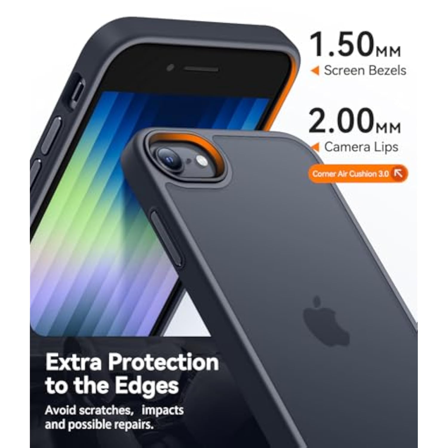 Frosted Black Matte Phone Case for iPhone SE 3/2, iPhone 8/7, 4.7-Inch - Military Drop Certified Translucent Back Cover, Anti-Fingerprint