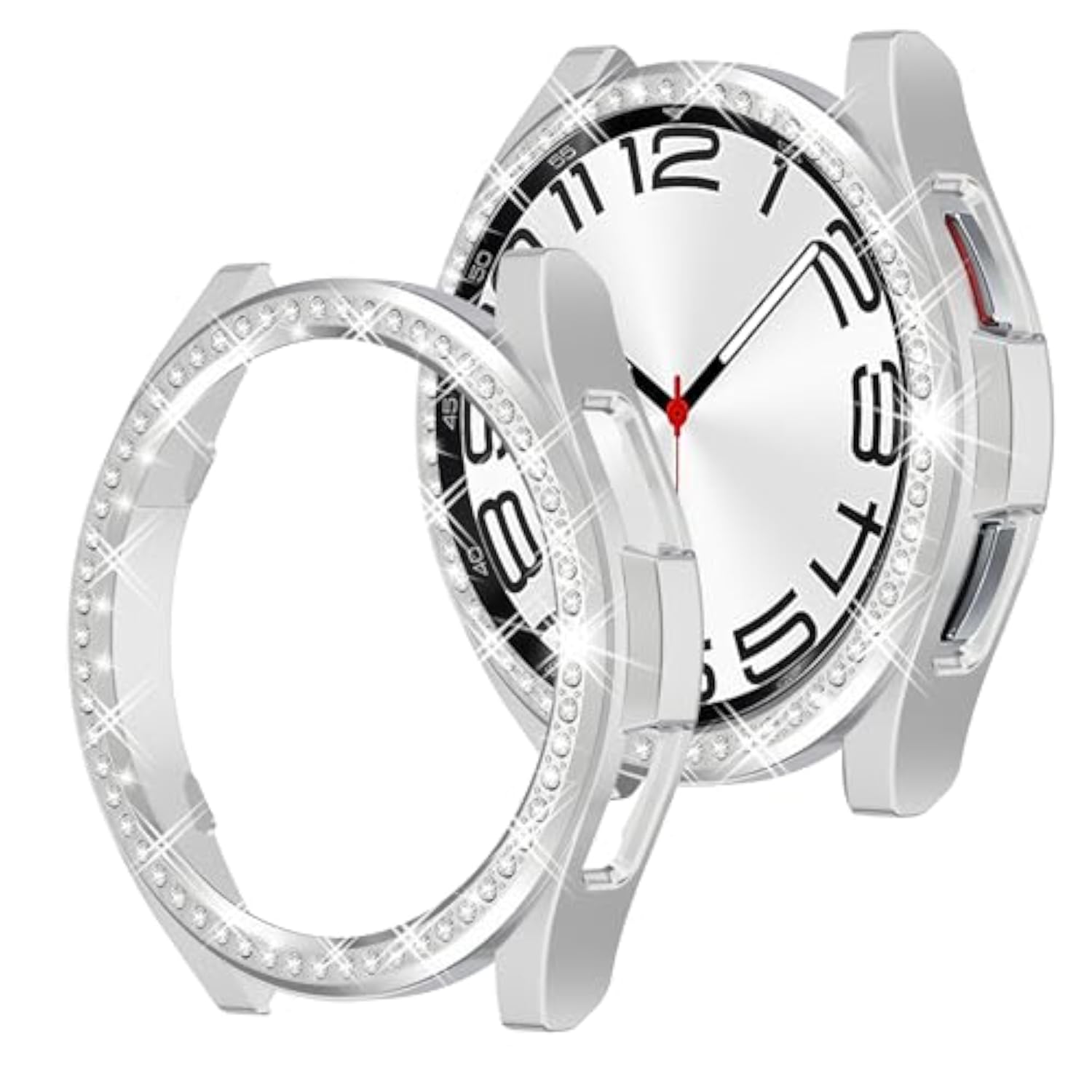 2 in 1 Watch Bling Case for Samsung Galaxy Watch 6 Classic 43mm SM R950 PC Protective Bumper Cover Glitter Rhinestone Bezel Ring Silver