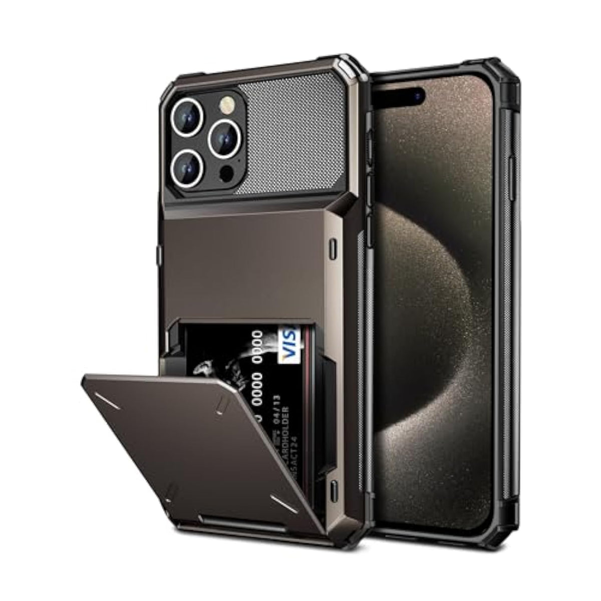 For Iphone 15 Pro Max Case With Card Holder, 4-Card Dual Layer Heavy Duty Shockproof Wallet Case, Hidden Flip Card Slot Protective Hard Cover For Iphone 15 Pro Max, 6.7'' Gun Metal