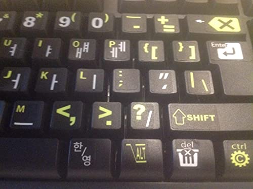 Korean Keyboard Stickers With Bold Bright Inlays. Large Symbols Will Not Wear, Smudge Or Fade. Korean Conversion For All Laptop And Desktop Keyboards. Free Wallet/Purse Sized Magnifier