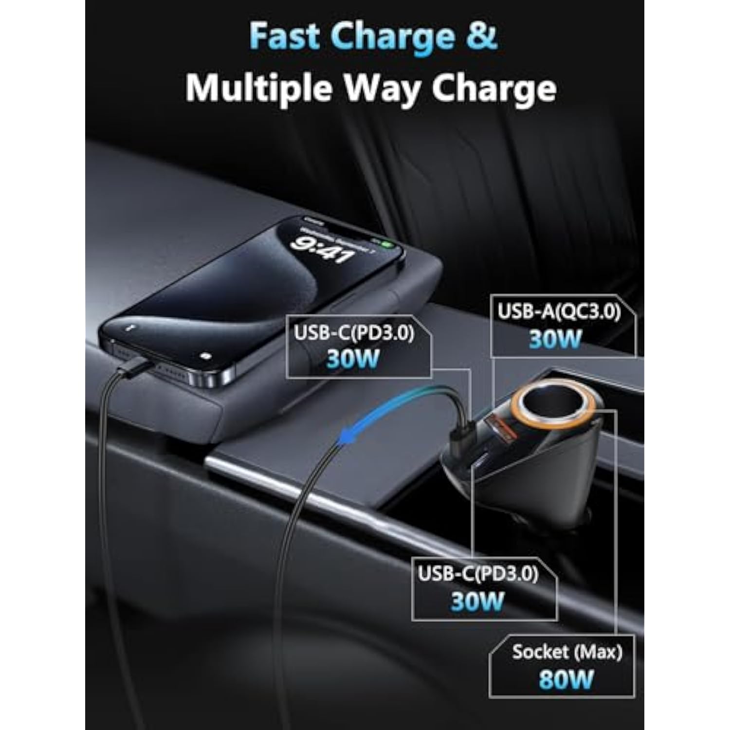 4 In 1 Usb C Car Charger, 170W Multi Usb Cigarette Lighter Adapter, Socket Splitter With 3 Ports, 12V/24V Dual Usb Type C Pd Fast Car Charger Adapter For Iphone 16 Pro Max 15 Plus 14 Ipad Pro Gps