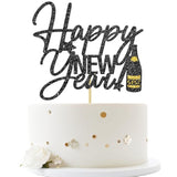 Happy New Year 2026 Cake Topper Black Glitter for Party Decorations
