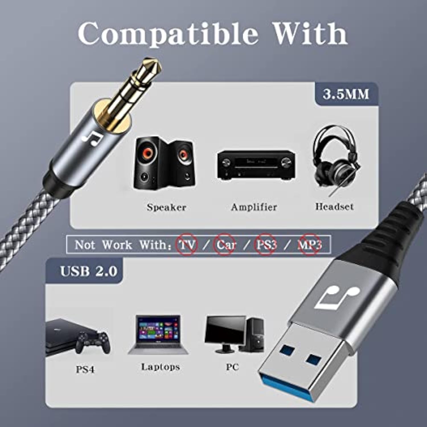 6 Ft Usb To 3.5Mm Audio Jack Adapter?Usb 2.0 To 3.5Mm Aux Stereo Audio Cord?Compatibility With Laptop, Speaker, Support Windows?Not Applicable To Charging And Mp3, Truck, Tv Usb Ports (6Ft, Grey)