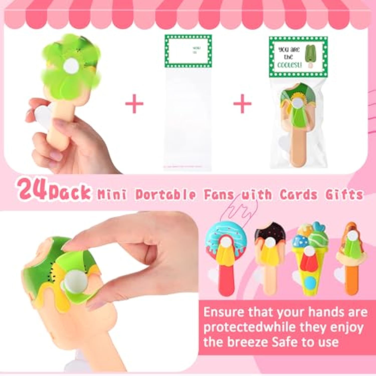 24 Pack Mini Portable Fans With Cards Gifts Cute Animal Fruit Ice Cream Handheld Press Cooling Fans For Summer Birthday Party End Of The Year Pool Outdoor Activity Prize Exchange(Ice Cream)