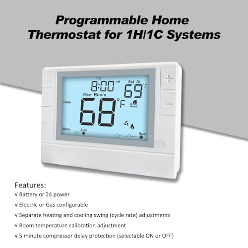 Programmable Thermostat For House, Single-Stage, 1 Heat/1 Cool, Energy-Saving Comfort, White Backlight