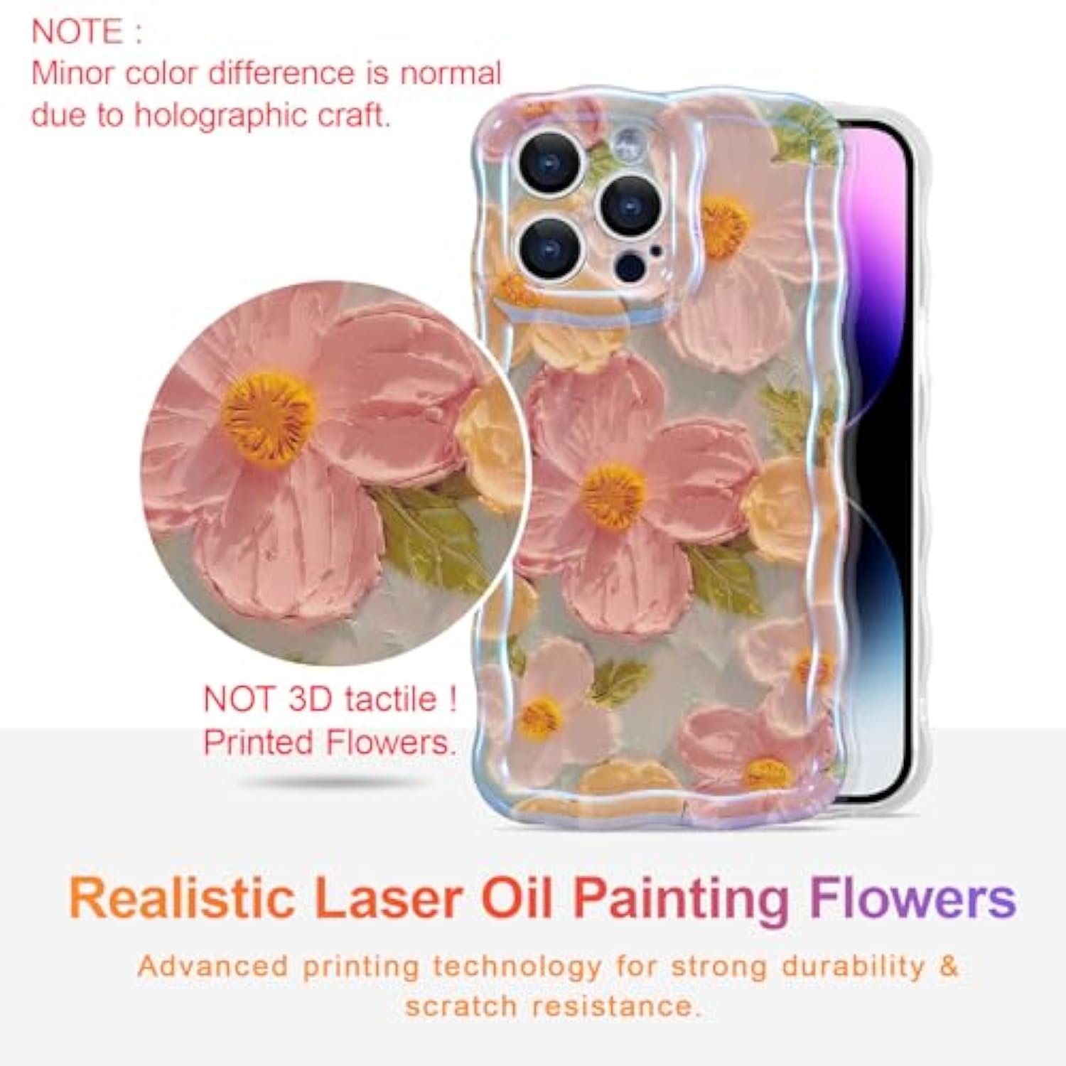 Case For Iphone 15 Pro Max, Colorful Retro Oil Painting Printed Flower Laser Glossy Pattern Cute Curly Wave Edge Exquisite Phone Cover Stylish Durable Tpu Protective Case For Girls Women-Green