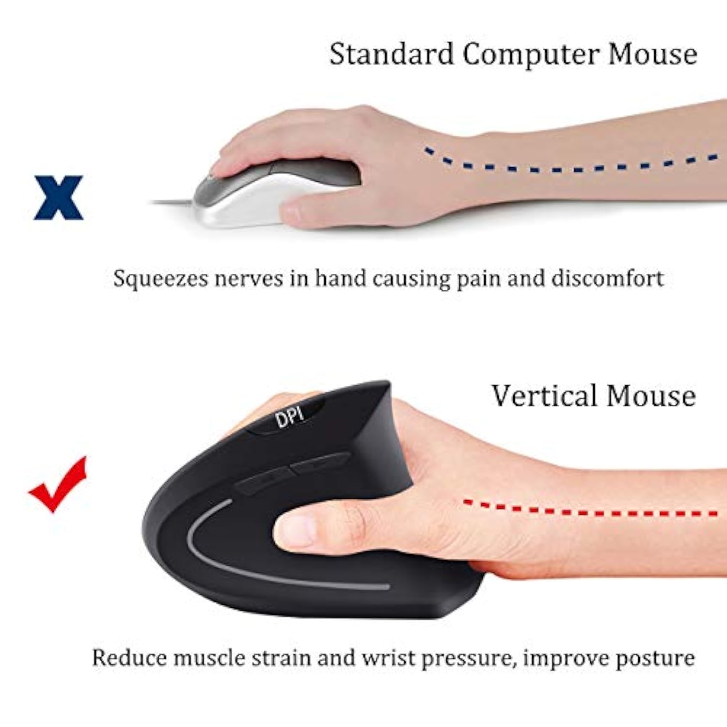 Ergonomic Wireless Mouse - Rechargeable 2.4G Optical Vertical Mice, 800 / 1200 /1600 Dpi, 5 Buttons For Laptop, Desktop, Pc, Macbook, Gray Black Ergonomic Mouse