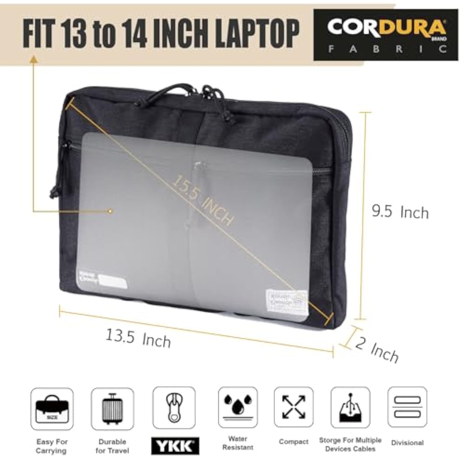 Rough Enough 13 14 Inch Laptop Sleeve Bag Tablet Carrying Case Briefcase For Travel Business With Zipper Pockets Heavy Duty Fabric Cordura Black