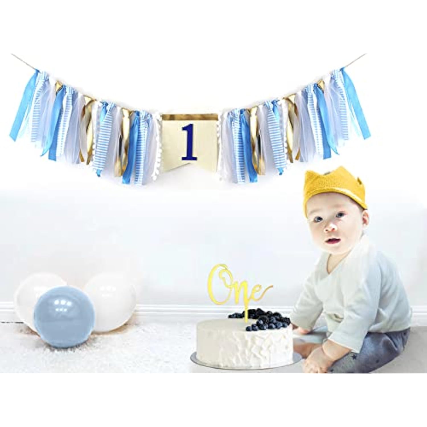 Baby Boy 1St Birthday Party Decorations By , Blue And Gold Set, Ribbon High Chair Banner, Birthday Crown Hat, Gold Cake Topper