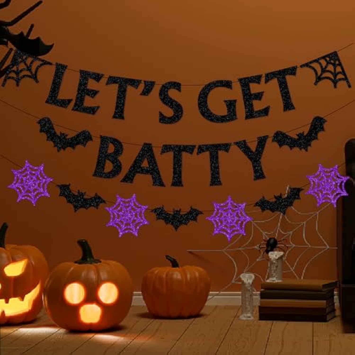 Halloween Black & Purple Spider-Web Party Decorations with Bats, Spiders and Swirls