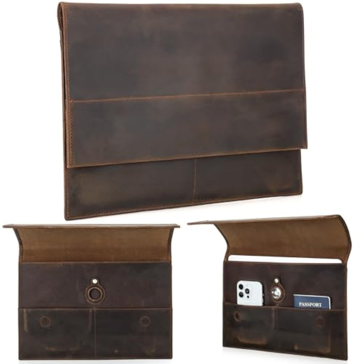 Top Grain Leather 13.3" Slim Laptop Sleeve Bag, Magnet Clasp Closure Design & 3 Pockets & Tracker Holder, Handmade, Compatible With Macbook Pro/Air 13.3"/Cellphone/Passport, Coffee 13.3 Inch