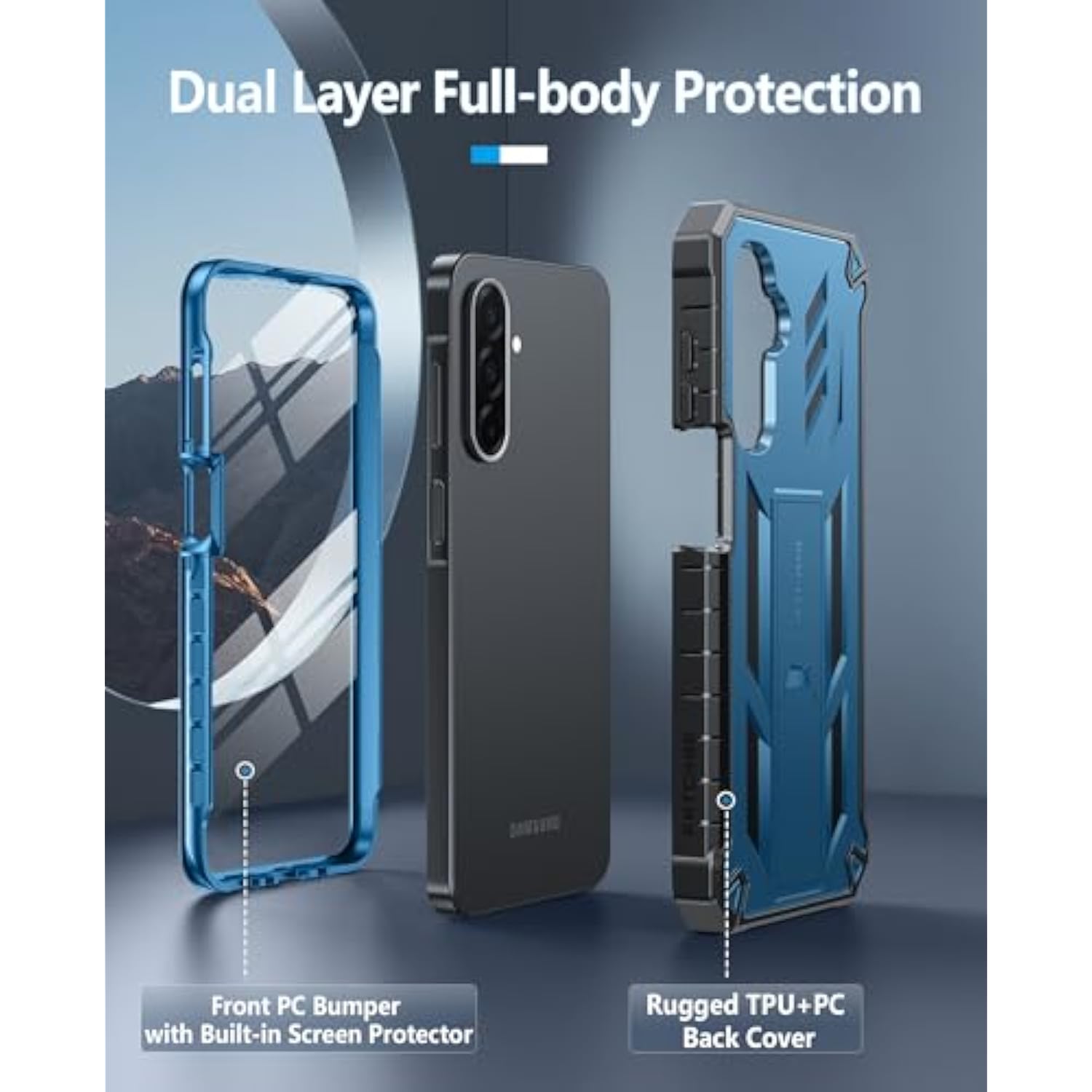 For Samsung Galaxy A26-5G Case: For Galaxy A16-5G Case Military Grade Drop Proof Protection Mobile Cover With Kickstand | Matte Textured Rugged Shockproof Protective Sturdy Phone Case - Blue