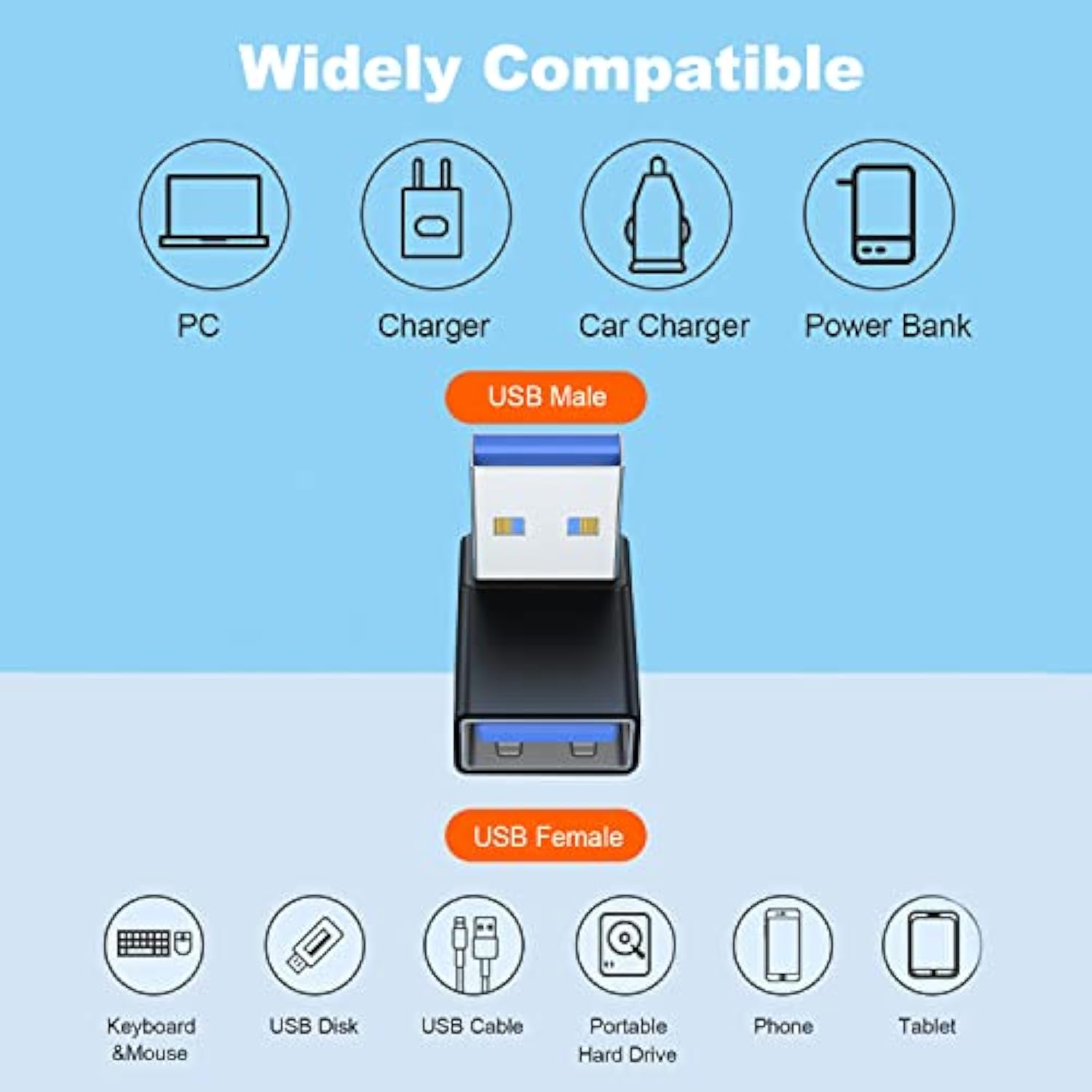 90 Degree Usb 3.0 Adapter 2 Pack, Up And Down Angle Usb A Male To Female Converter Extender For Pc, Laptop, Usb A Charger, Power Bank And More (Black)