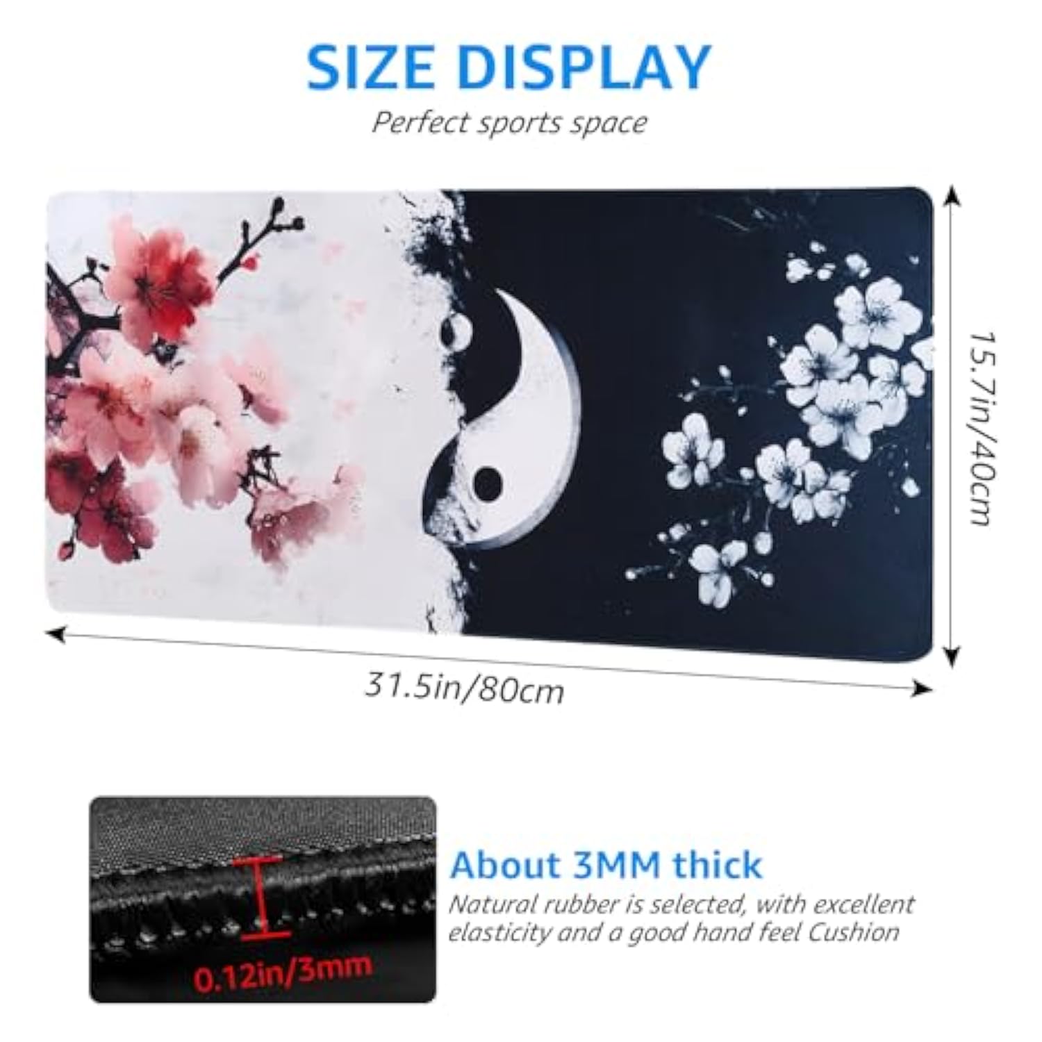 Large Gaming Mouse Pad, Yin Yang Cherry Blossom Design, Extended Desktop Mat, 31.5 X 15.7 Inches, Non-Slip Base