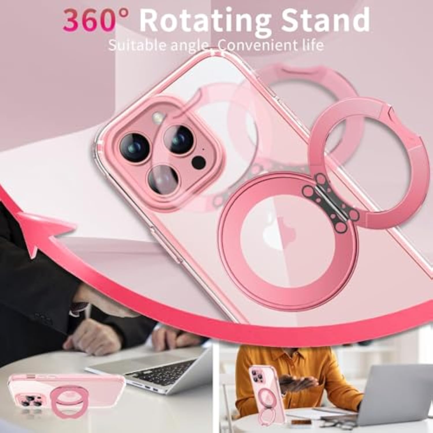 Privacy Case For Iphone 14 Pro Max With 360°Stand [Built-In Anti Peeping Screen Protector] [Compatible With Magsafe] [Magnetic Ring ] Full Body Protective Phone Cover 6.7", Pink