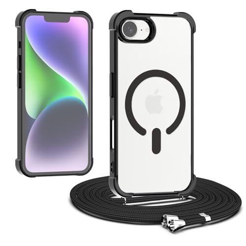 Magnetic Crossbody Case for iPhone 16e & iPhone 17e, [Compatible with MagSafe] HD Clear Hybrid Protective Cover with Integrated Dual Lanyard Holes &