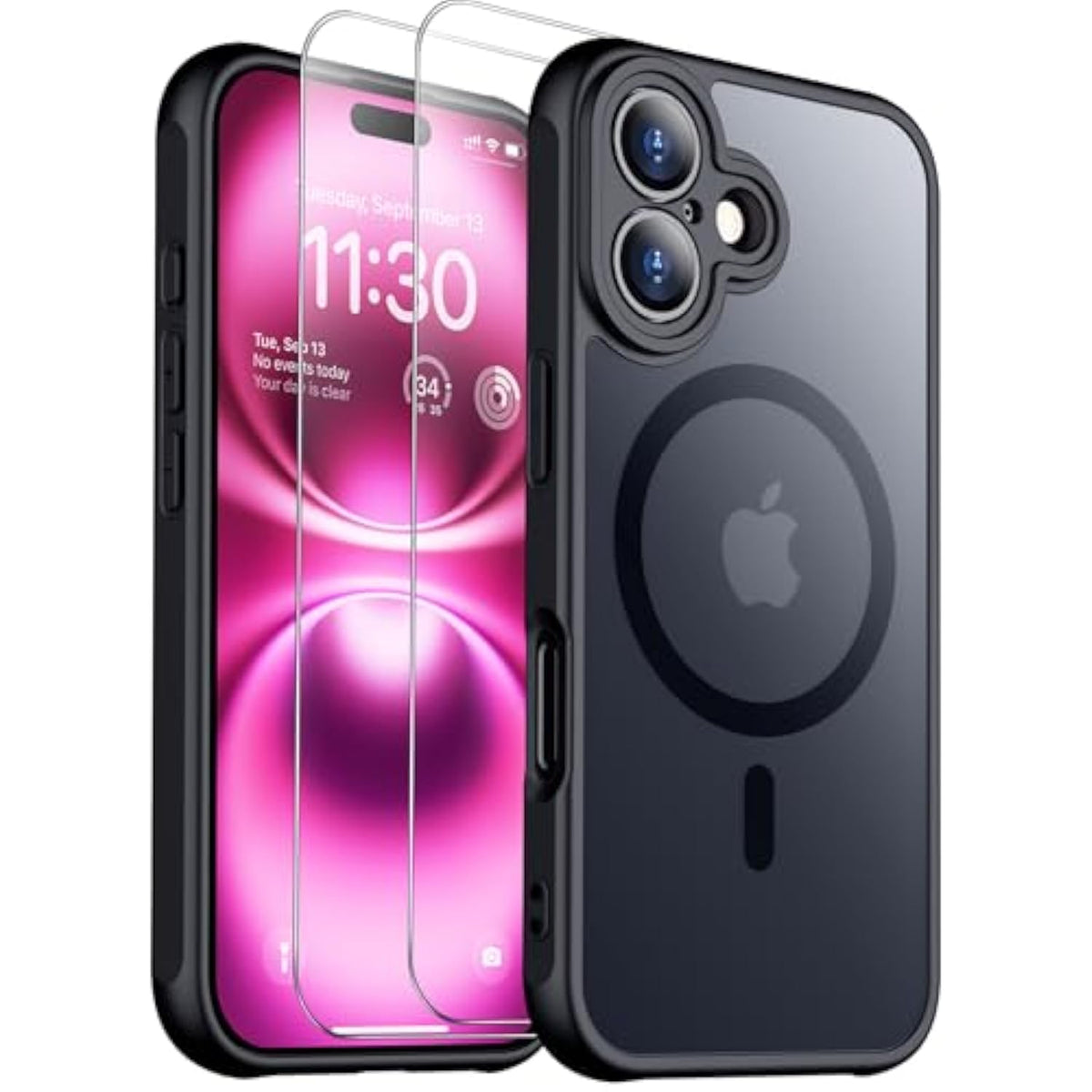 Designed For Iphone 16 Case, Magnetic Translucent [2+Full Coverage Tempered Glass Screen Protector] [Full Camera Protection] Anti-Fingerprint Anti-Scratch For Iphone 16 6.1”, Black