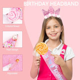 9Th Birthday Decorations For Girls, Birthday Girl Headband & Glitter Sash Set For 9 Year Old Girl Birthday Decorations, Birthday Flower Princess Crown Headband For Happy 9Th Birthday Girl Outfit