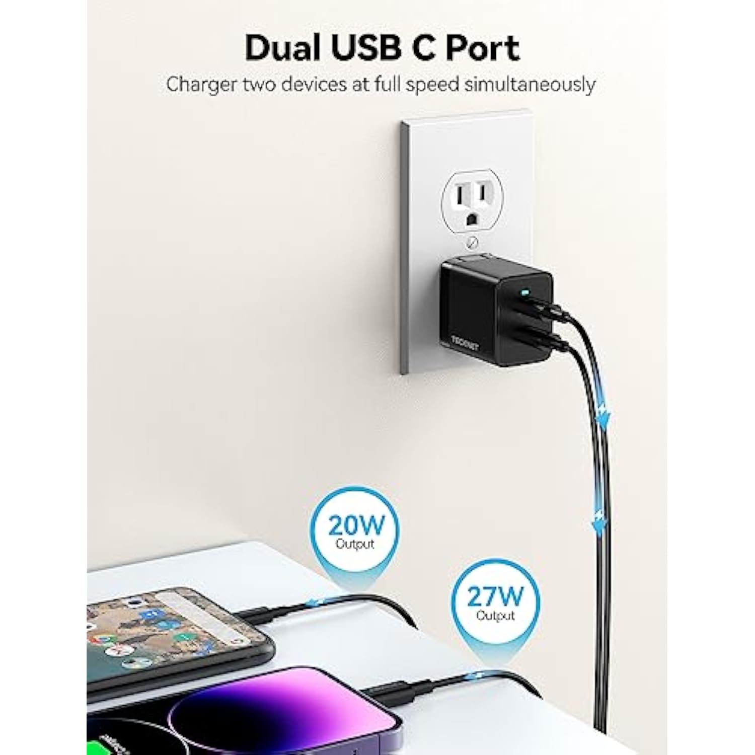 TECKNET USB C Foldable Dual GaN PD3.0 Fast Charger Compatible with iPhone 15 Pro Max/15 Plus/15 Pro/15/14/13/12, Samsung S23, iPad Pro, Pixel, Switch