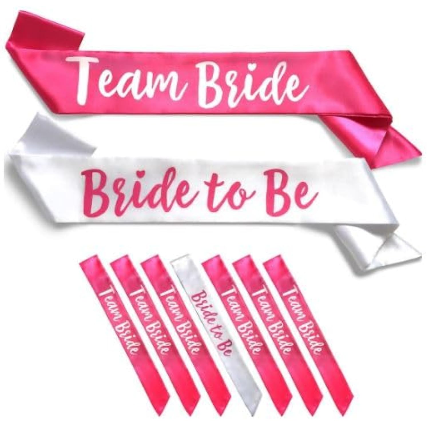 Team Bride 7Pc Satin Sash Set - Sophisticated & Fun Party Favors For Bachelorette Party, Bridal Shower & Wedding Party (7Pc Set, White & Pink)