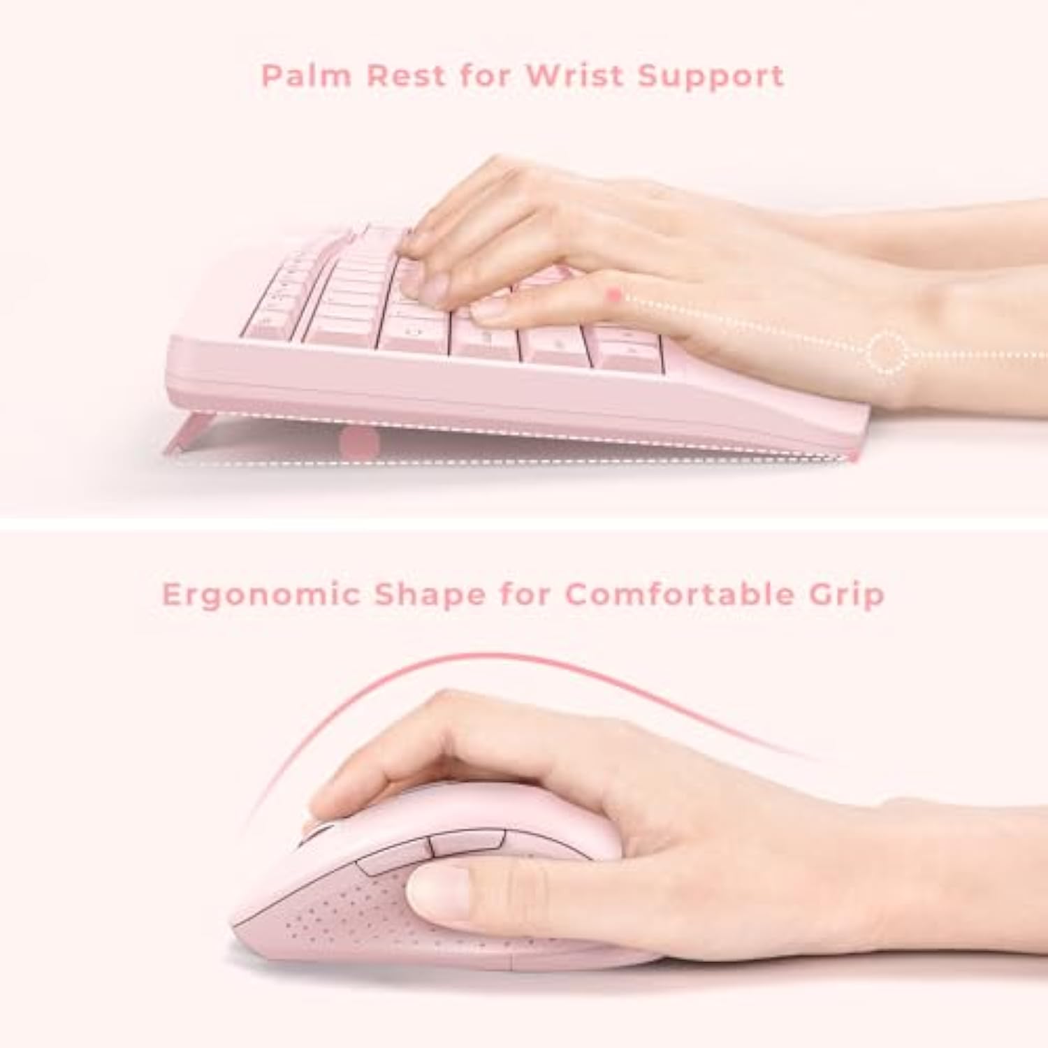 Wireless Keyboard And Mouse - Ergonomic Keyboard And Mouse Combo Full Size Keyboard Cordless With Palm Wrist Rest Ergonomic Mouse Wireless For Windows Computers Laptops - Pink