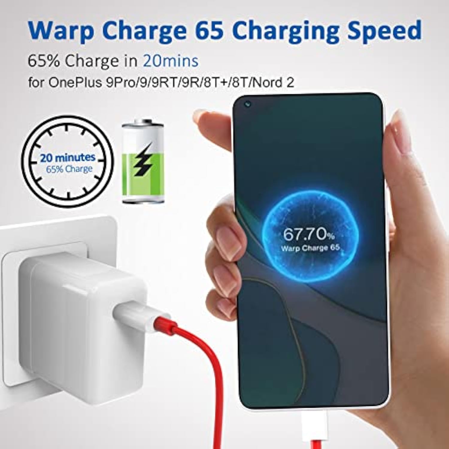 For Oneplus Warp Charger, 65W Block Replacement For Oneplusnord 2 5G/9 Pro/9Rt/9/9R/8T/Realme,10V 6.5 A Warp65 Oneplus Fast Wall Charger Adapter With 3.3 Ft Usb C Warp Cable