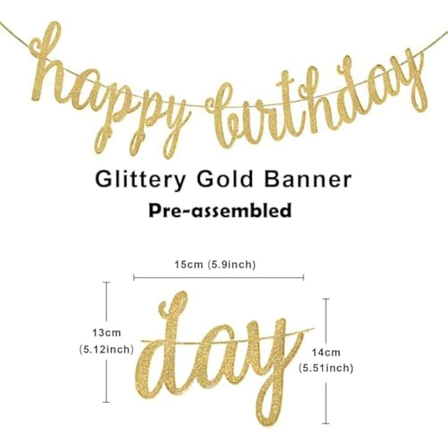 8pcs Gold Birthday Banner Kit with Glitter Garland & Swirls, Pre-Strung Decor