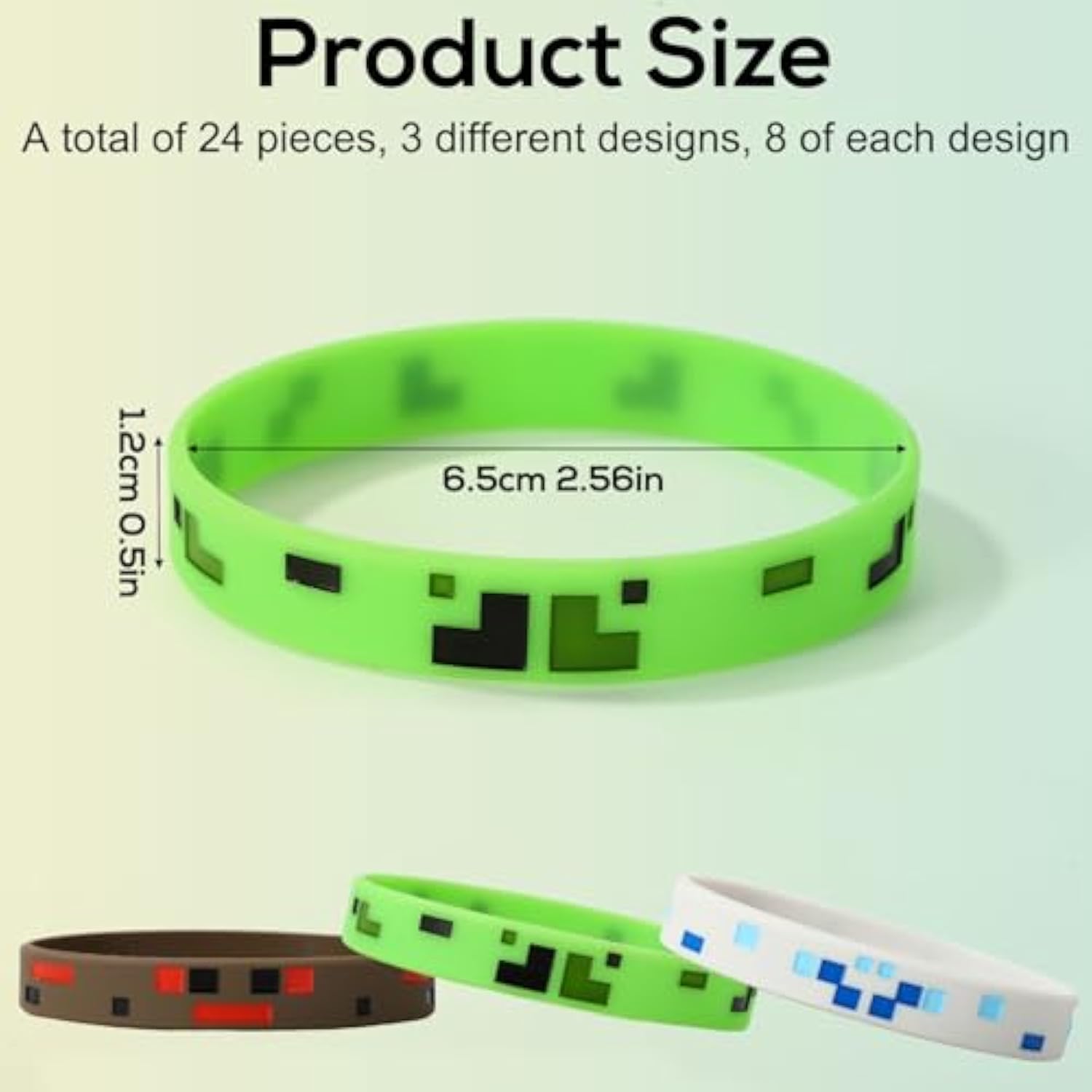 24Pcs Pixel Silicone Bracelets, 3 Styles Pixel Themed Birthday Party Favors Mining Wristbands For Kids Teens Game Party Decorations Goodie Bag Supplies