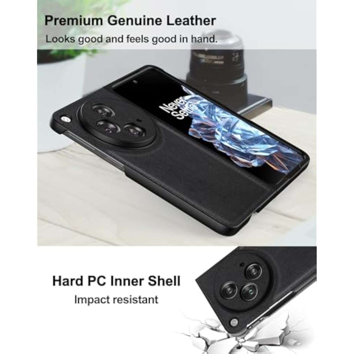 OnePlus Open Genuine Leather and Hard Polycarbonate Bumper Phone Case - Black