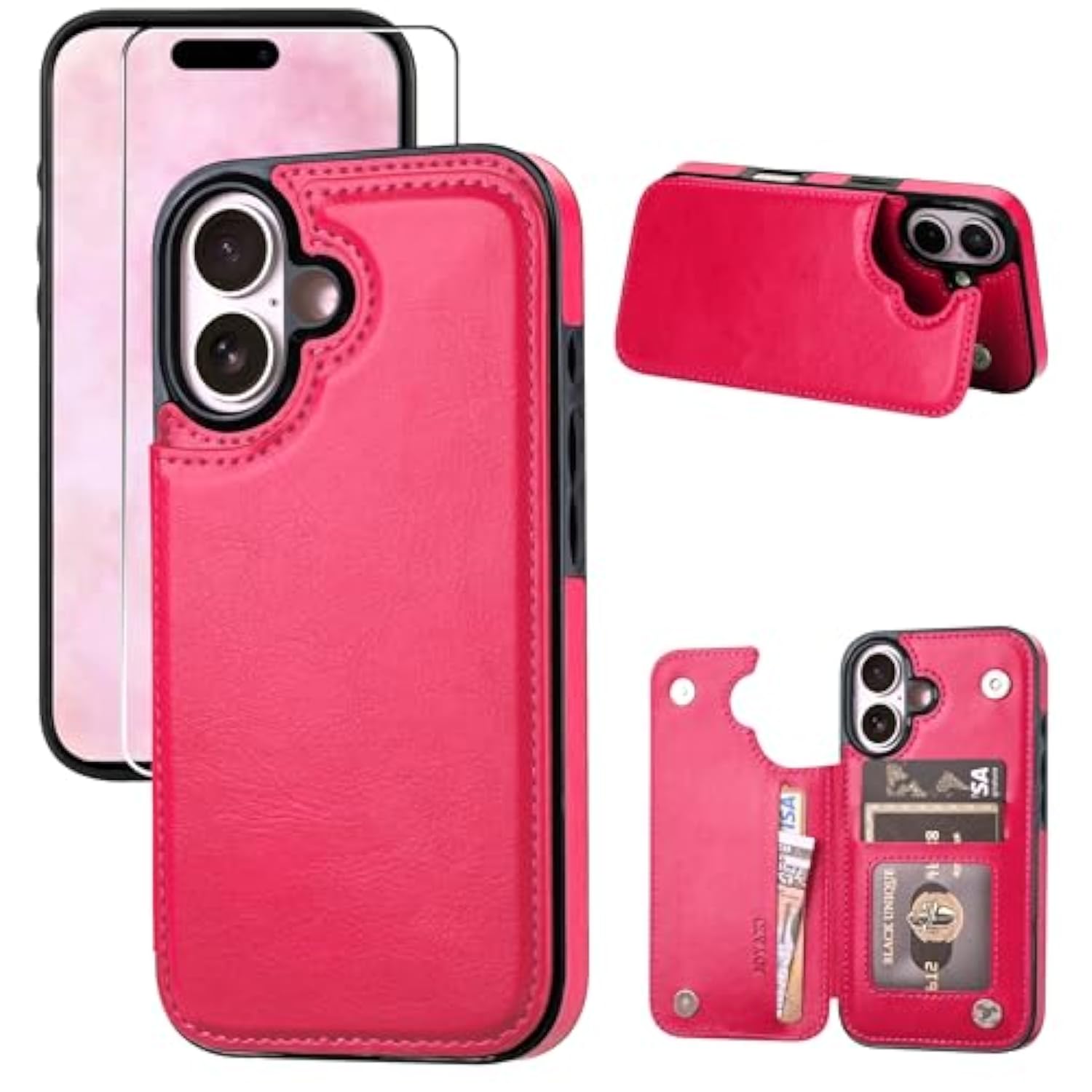 Wallet Case Compatible With Iphone 16 6.1", Slim Protective Case With Card Holder,Premium Pu Leather Kickstand Card Slots Case With Double Magnetic Clasp-Rosered