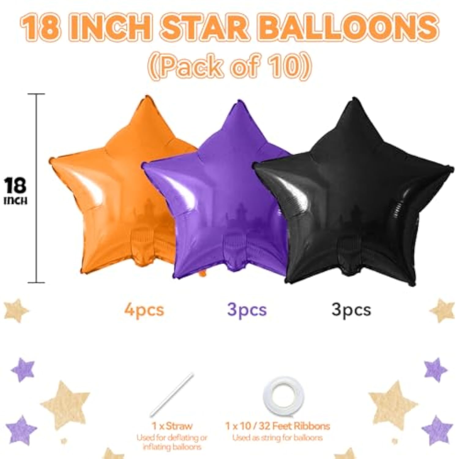 10Pc Halloween Foil Star Balloons – Purple Black Orange 18" Metallic Balloons