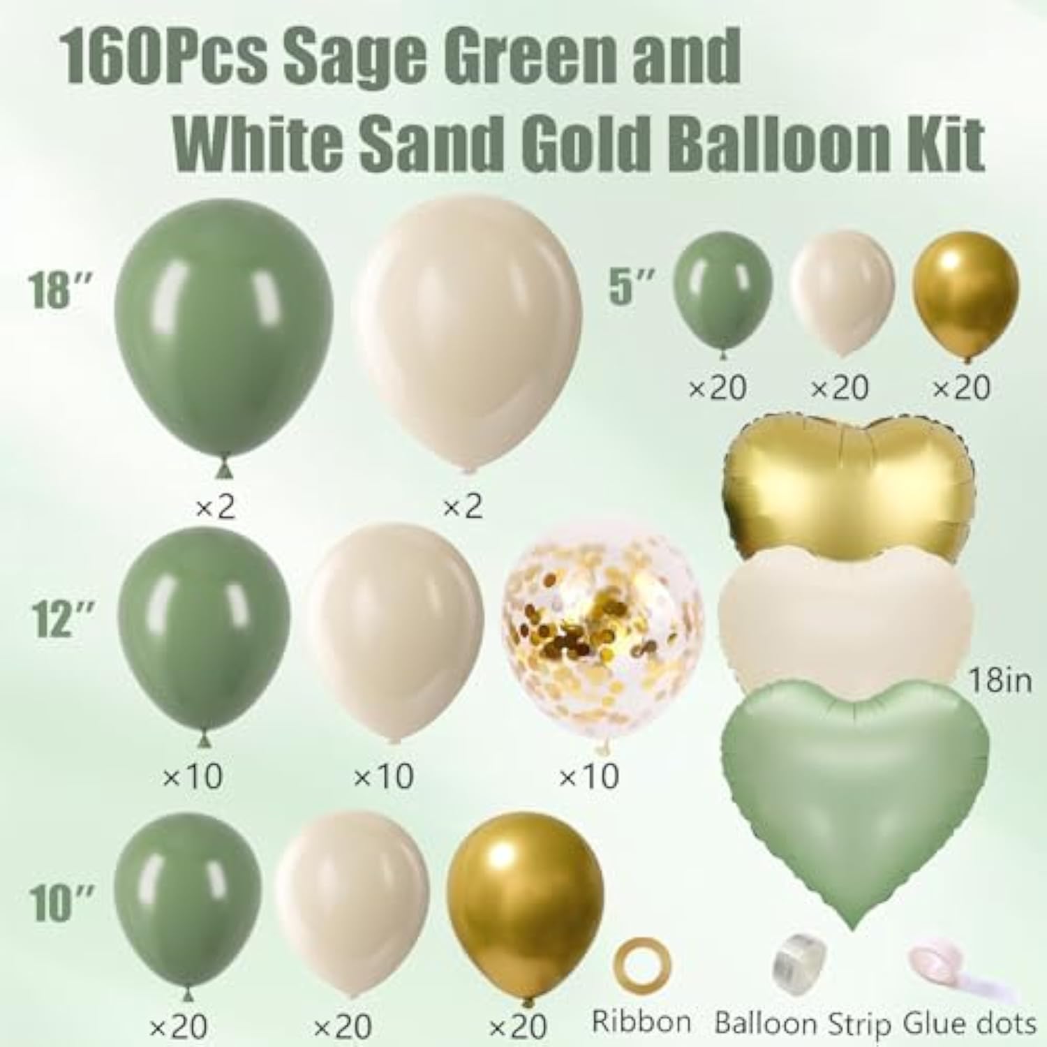 160Pcs Sage Green Gold Balloon Arch Kit with White Sand & Confetti Balloons