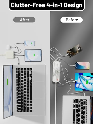 USB C Charging Station 67W, 4-Port Slim USB C Charger Block for iPhone 17/16/15, MacBook Air/Pro with 5ft Extension Cord, 3 USBC, 1 USB-A, Fast