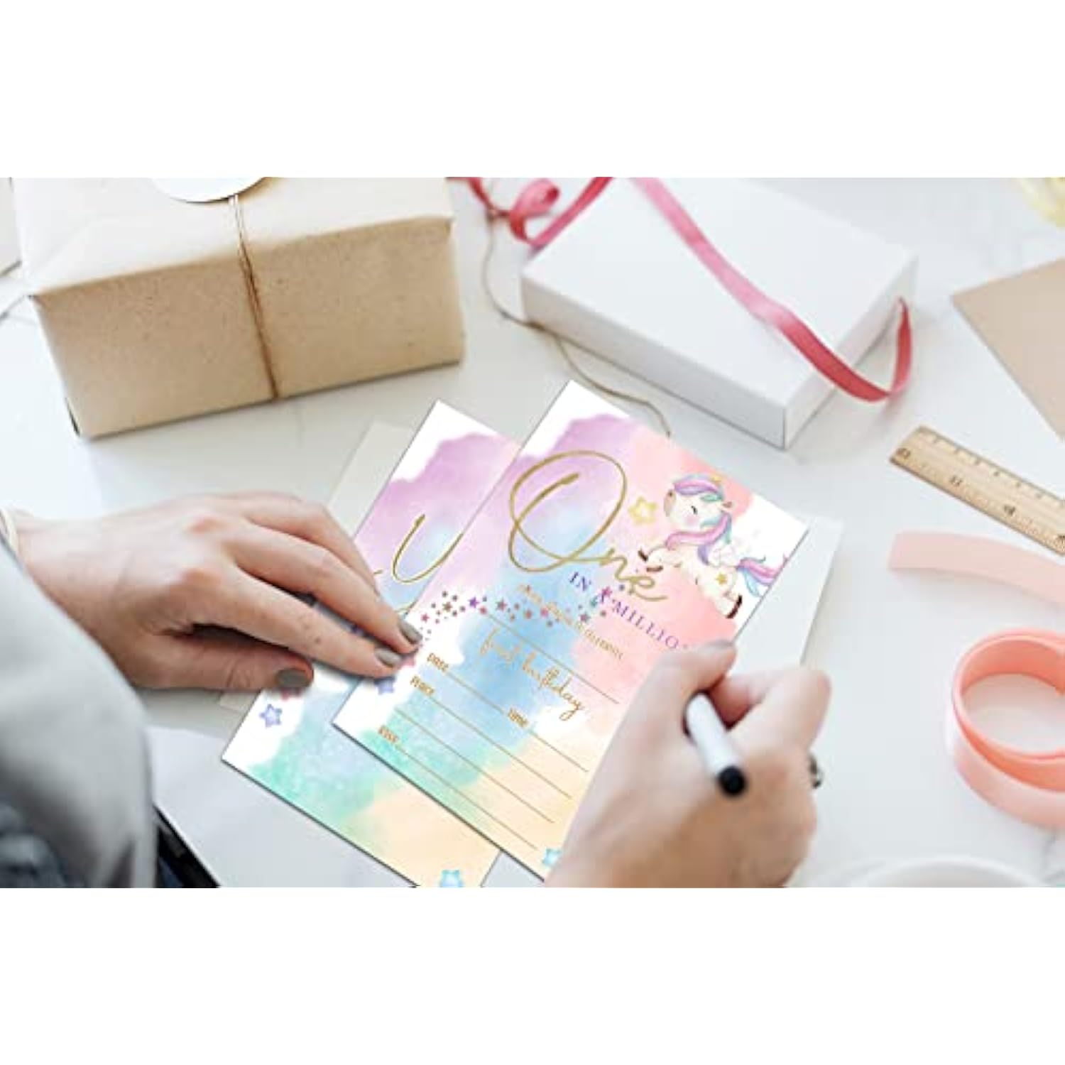 Unicorn Birthday Invitations For Boys Girls, Rainbow Birthday Party Supplies And Decoration, 20 Cards With 20 Envelopes -A04