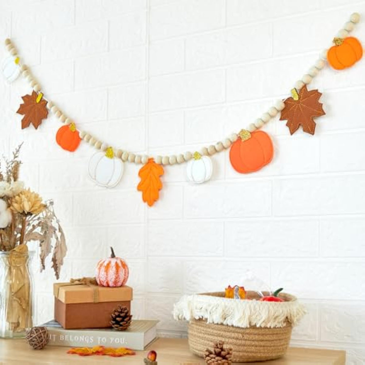 Fall Decorations, Felt Pumpkin & Leaves Garland, Wood Bead Mantel Banner