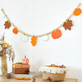 Fall Decorations, Felt Pumpkin & Leaves Garland, Wood Bead Mantel Banner