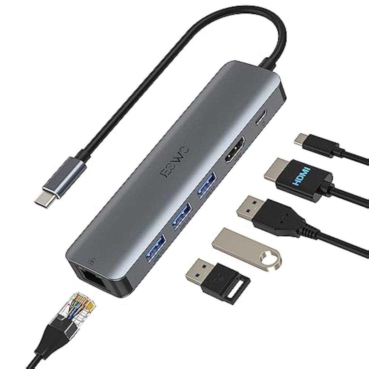 Usb C Hub, Usb C Multiport Adapter Hub With Rj45 Ethernet, 4K Hdmi, 100W Pd, 3