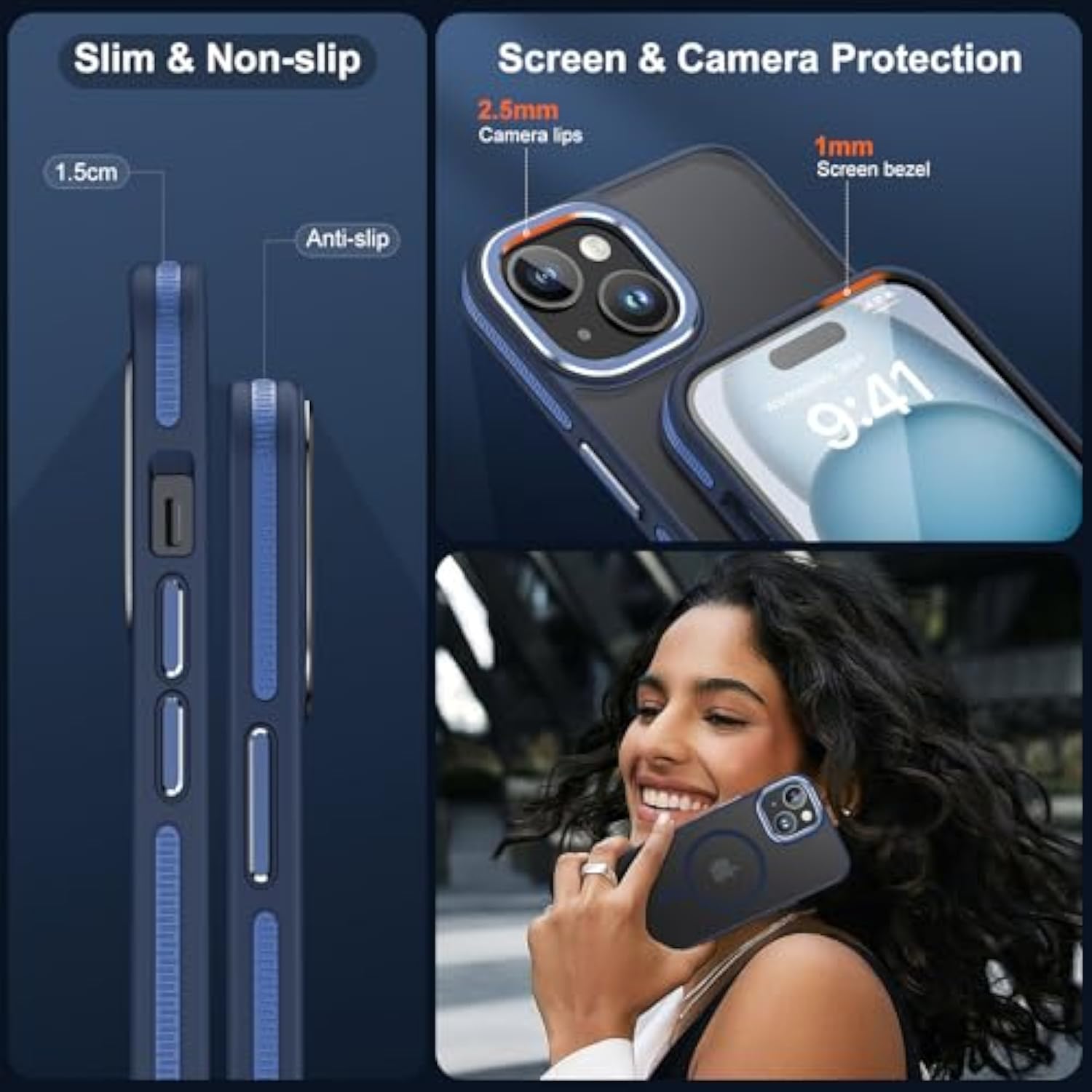 For Iphone 15 Case, Iphone 15 Phone Case With 2 Tempered-Glass Screen Protectors [Compatible With Magsafe][Military-Grade Protection] Shockproof Slim Fit Phone Case For Iphone 15 Case, Blue
