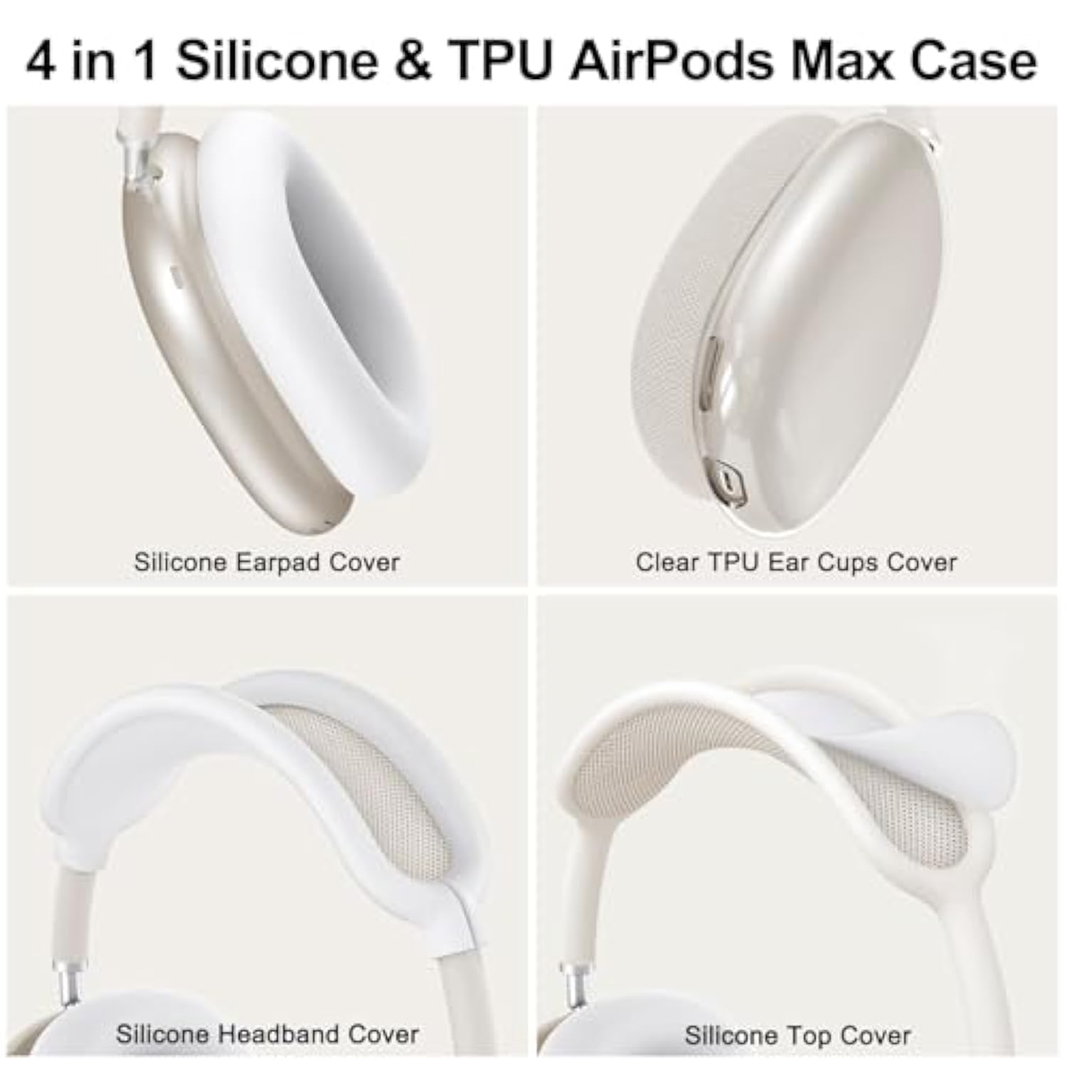 Silicone Case Cover For Airpods Max Headphones,Clear Soft Tpu Ear Cups Cover/Ear Pad Case Cover/Headband Cover Transparent Accessories For Apple Airpods Max (2024/2020)(Usb-C/Lightning),White [4 In 1]