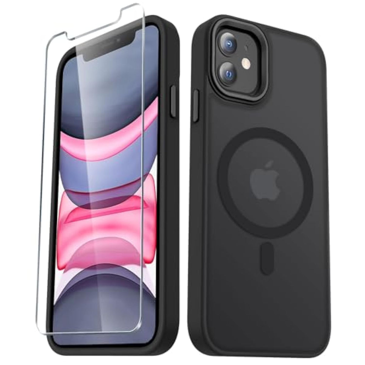 For Iphone 12 Case, Iphone 12 Pro Case, With 1 Screen Protector, Matte Magnetic Slim Phone Cover, Support For Magsafe, Shockproof Protection Translucent Frosted Back,Black