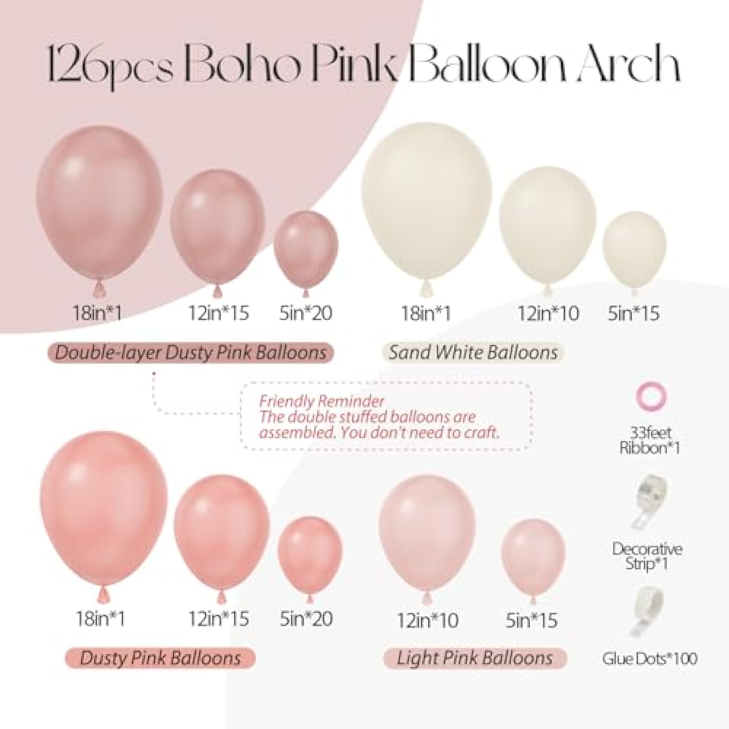 136pcs Boho Dusty Rose Pink Blush White Balloon Arch Kit for Wedding & Party