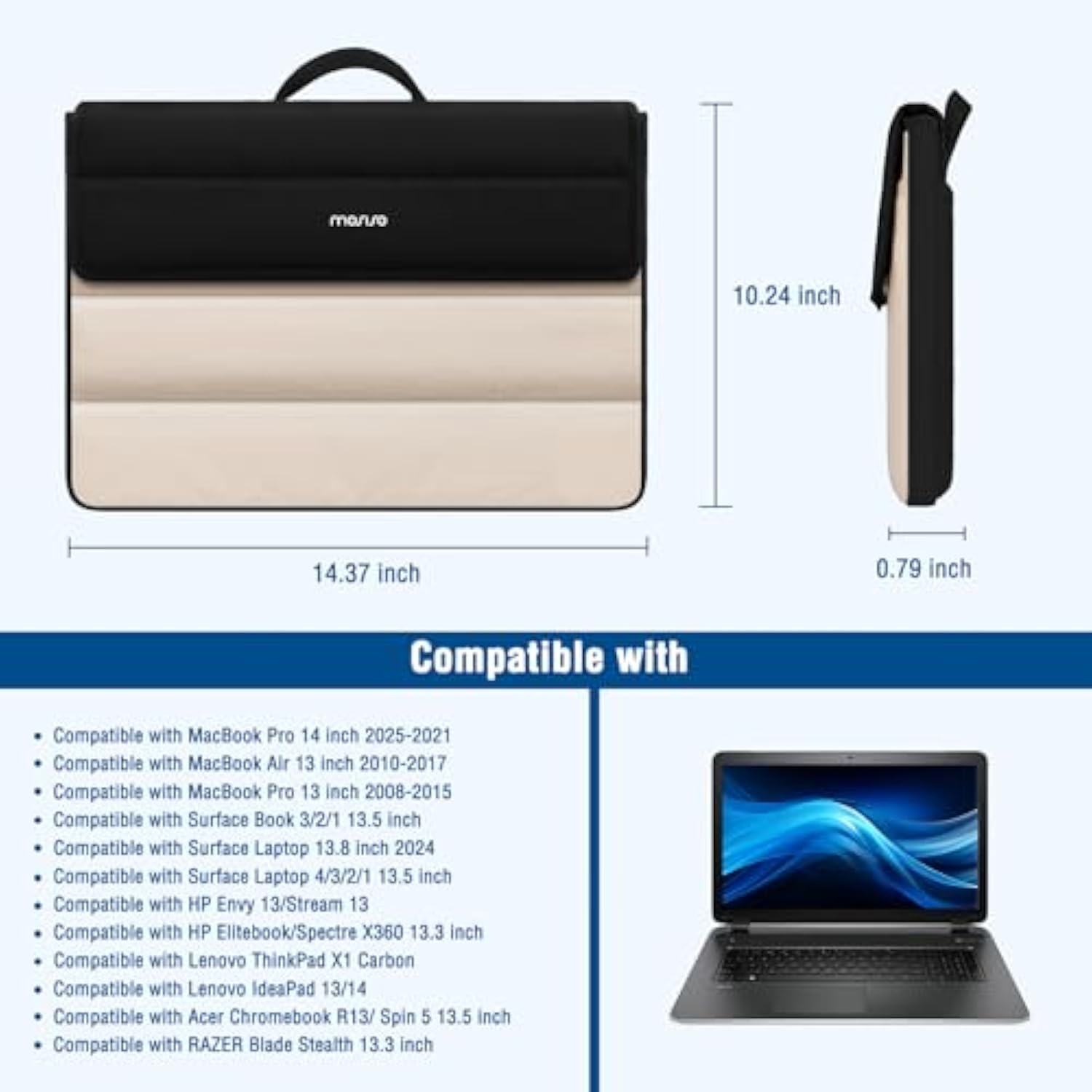 MOSISO 13-14 inch Laptop Case, 13.3 inch Puffy Laptop Sleeve Compatible with MacBook Air 13/Pro 13/Pro 14, HP Dell Lenovo, Horizontal Rectangle Quilted Flap Computer Bag with Handle&Pockets,Black&Sand