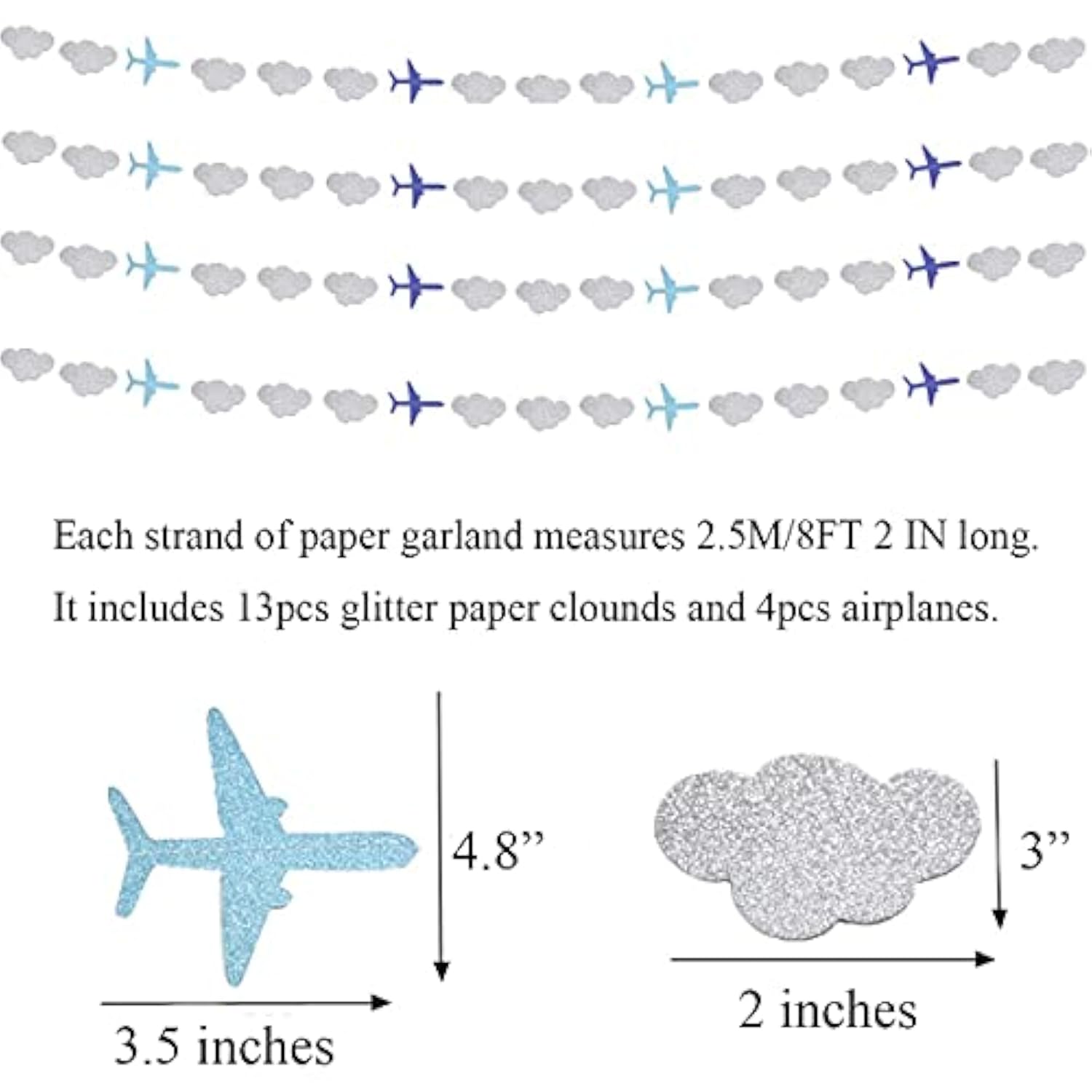 6pcs Glitter Airplane & Cloud Garland – Aviation Party Decor for Birthday, Baby Shower and More